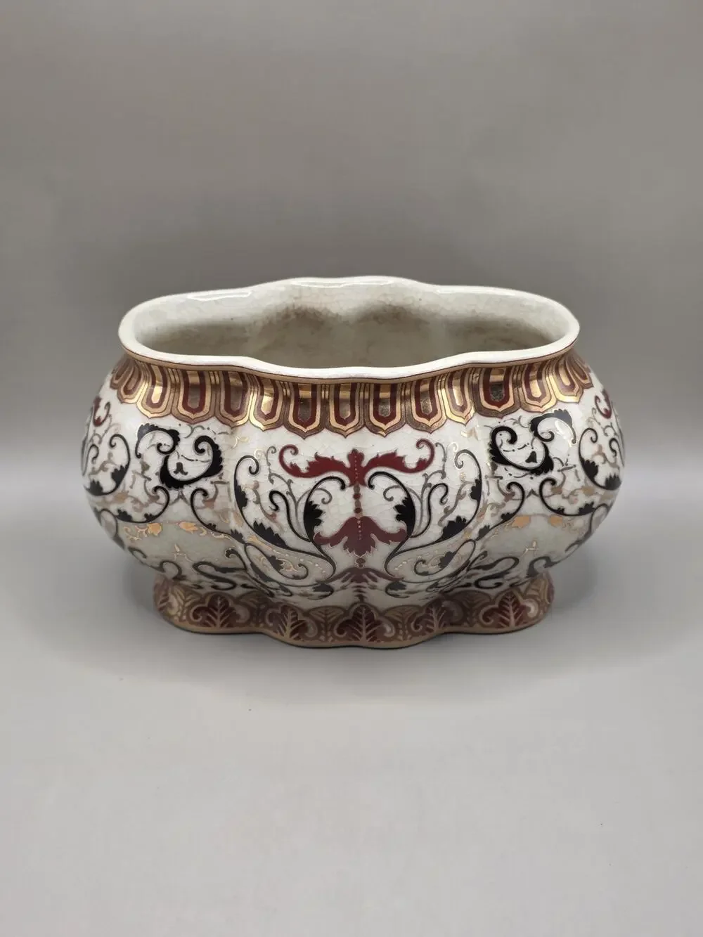 Vintage Amita Porcelain Cachepot Planter Oval Foot Bath Gold Burgundy Scroll